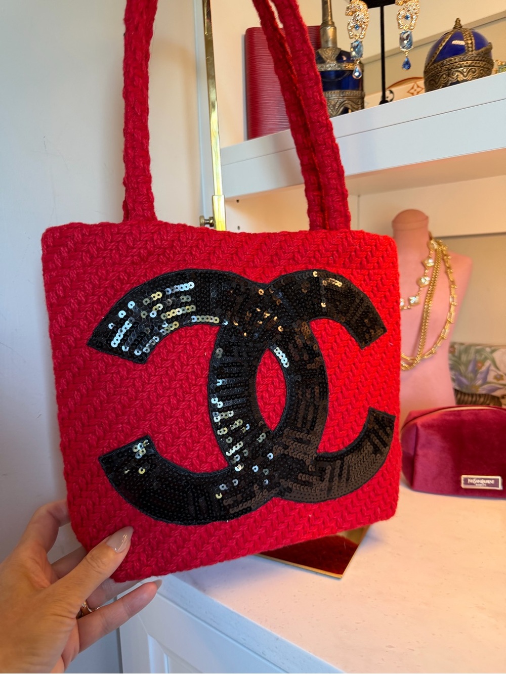 Red Tote with Black Sequin Logo Accent